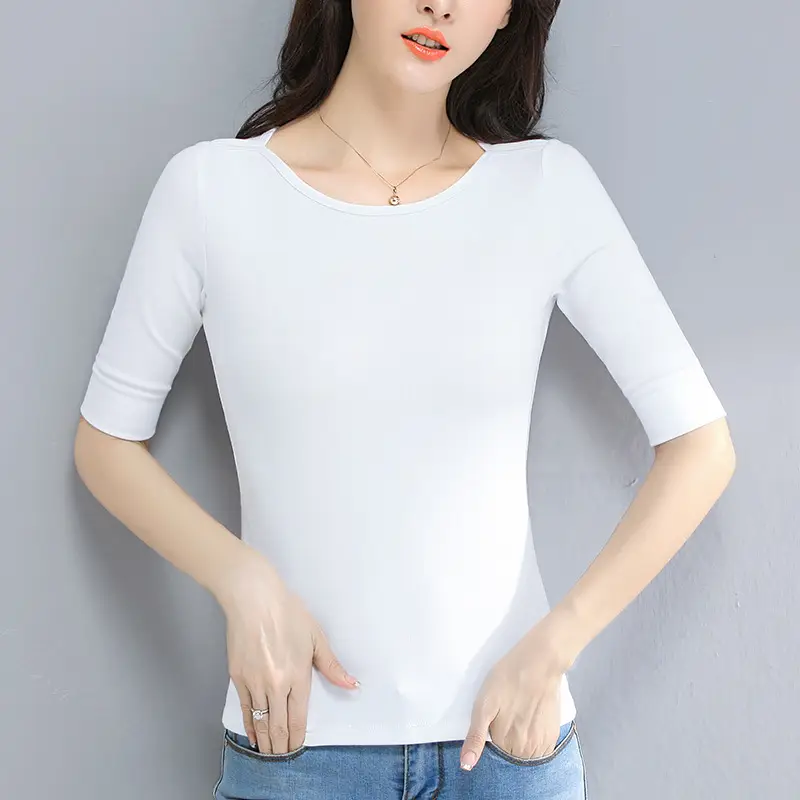 Women White 3/4 Sleeve T-Shirt Mid Collar Slim Fit