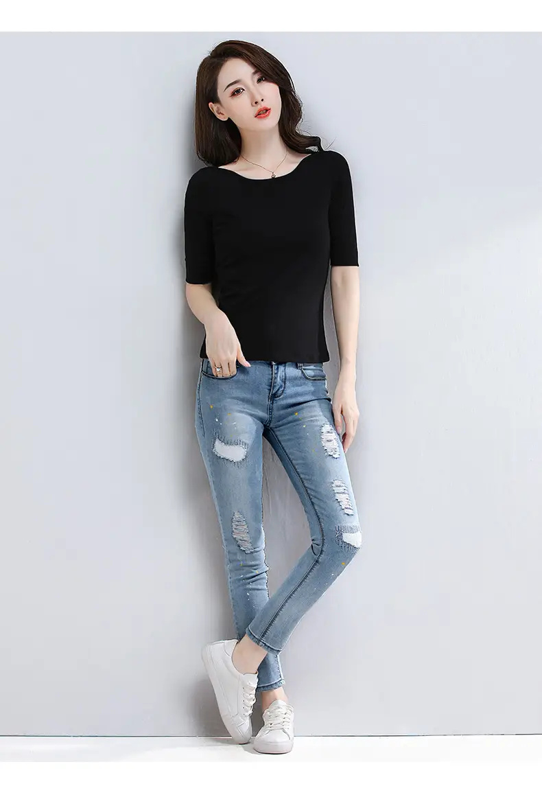 Women White 3/4 Sleeve T-Shirt Mid Collar Slim Fit