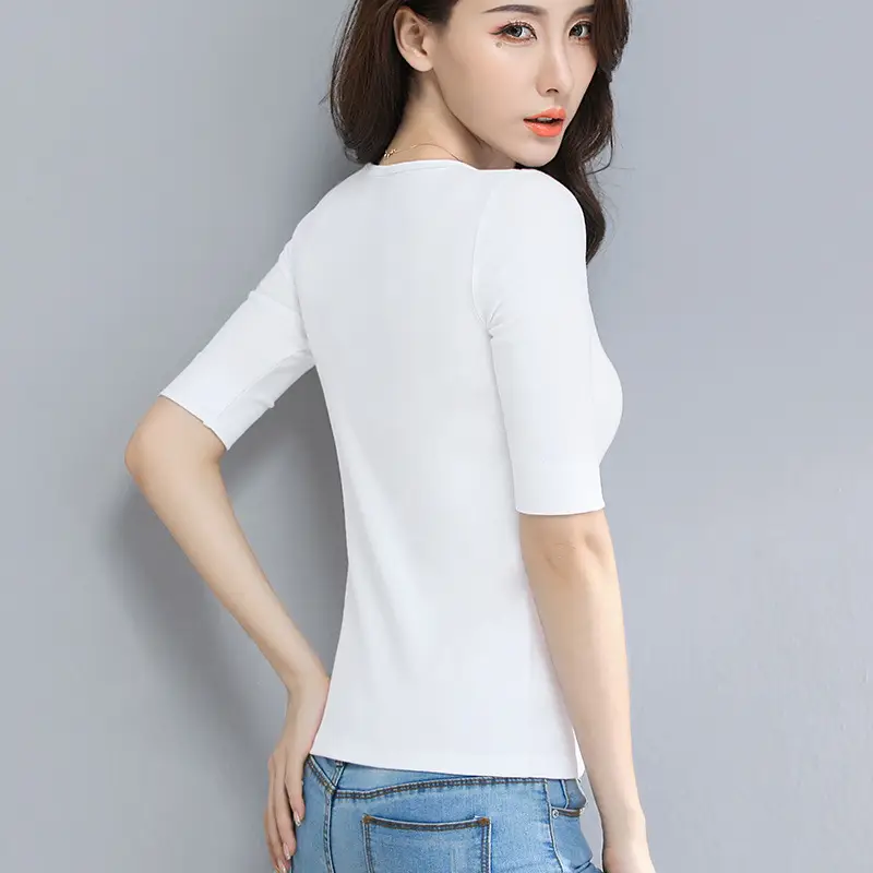 Women White 3/4 Sleeve T-Shirt Mid Collar Slim Fit
