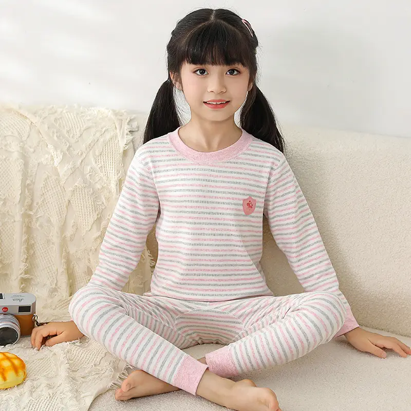 Girls Striped Cotton Pajama Set Autumn Winter Warm