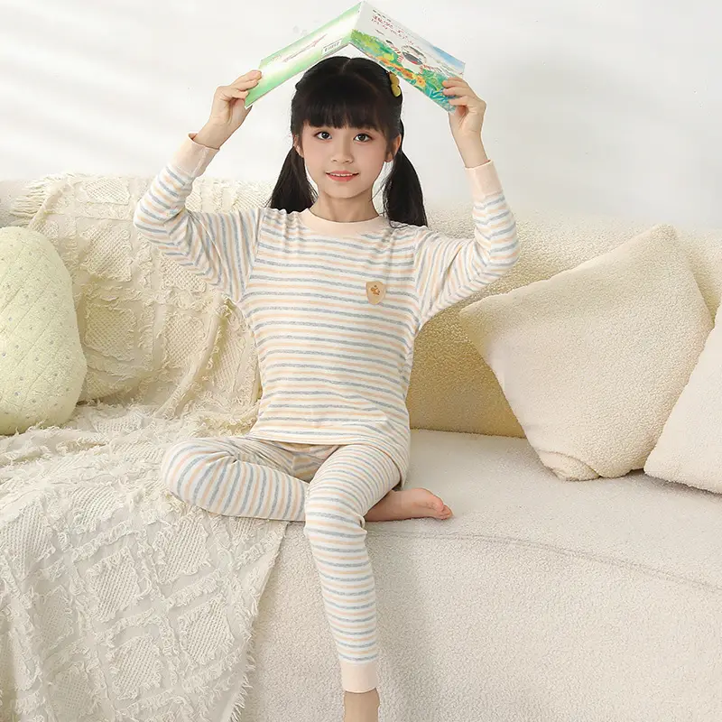 Girls Striped Cotton Pajama Set Autumn Winter Warm