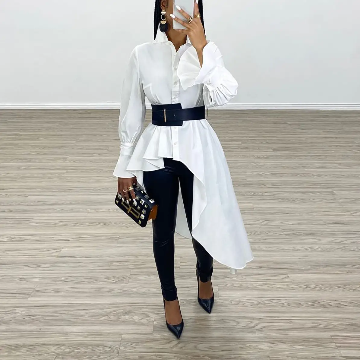 White Long Sleeve Shirt with Black Belt & Black Pants Set - Image 2