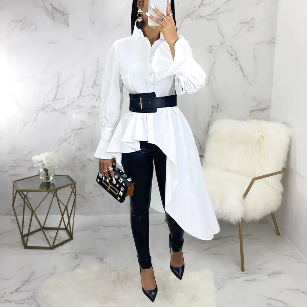 White Long Sleeve Shirt with Black Belt & Black Pants Set - Image 3
