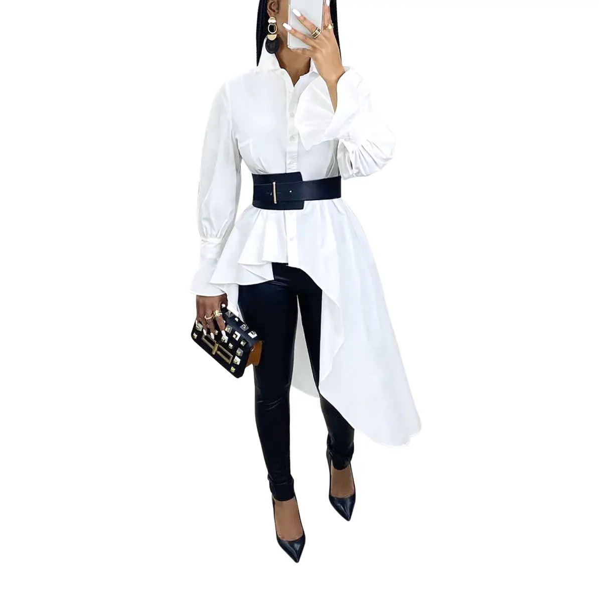 White Long Sleeve Shirt with Black Belt & Black Pants Set - Image 4