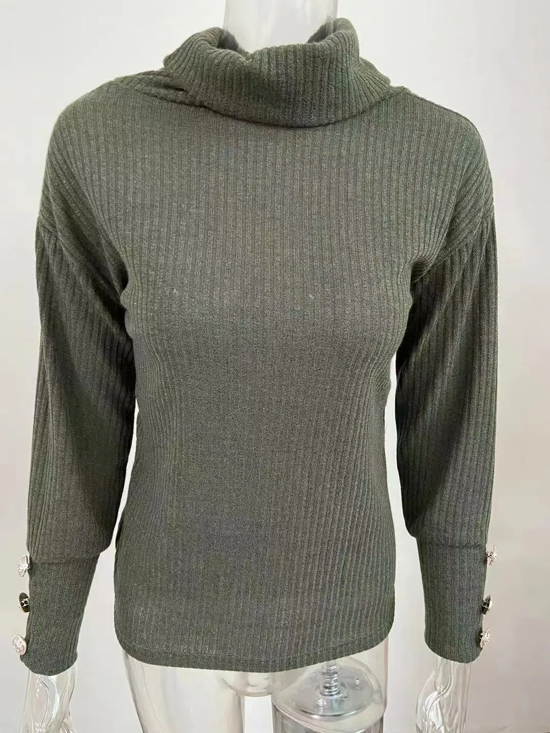 Women's Black High Collar Knit Sweater Jacket with Button Details — feature 12