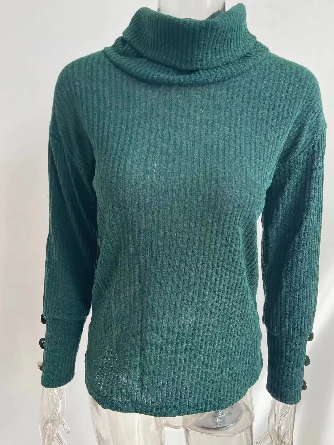 Women's Black High Collar Knit Sweater Jacket with Button Details — feature 14