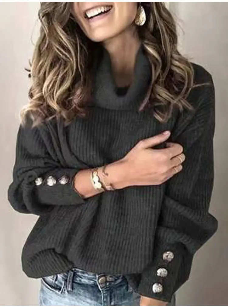 Women's Black High Collar Knit Sweater Jacket with Button Details — feature 17