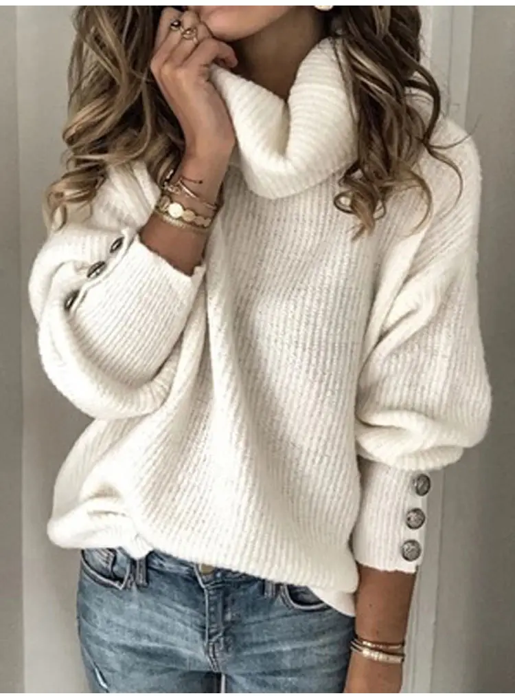 Women's Black High Collar Knit Sweater Jacket with Button Details — feature 18