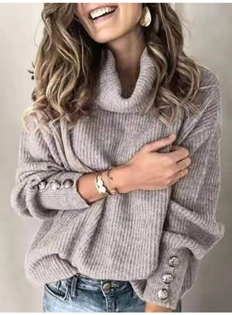 Women's Black High Collar Knit Sweater Jacket with Button Details — feature 21