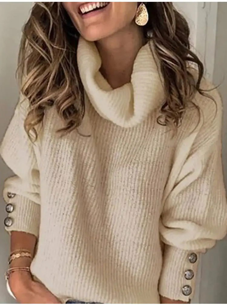 Women's Black High Collar Knit Sweater Jacket with Button Details — feature 24