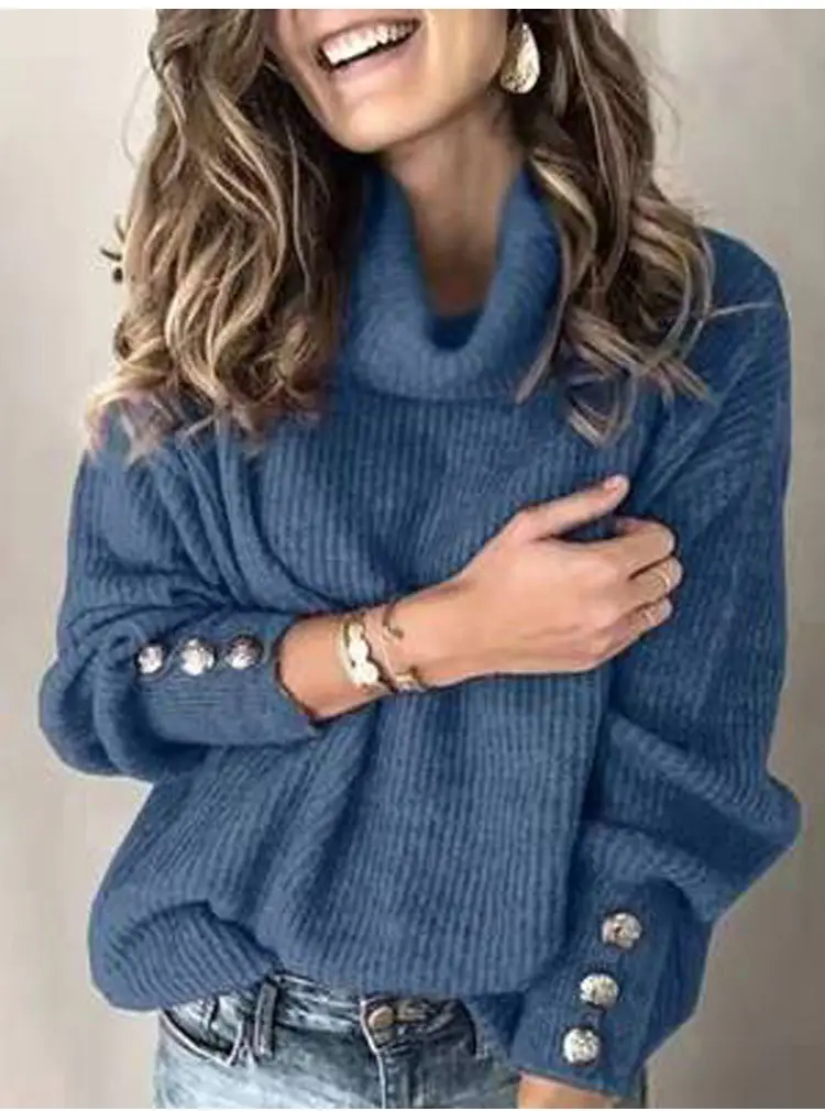 Women's Black High Collar Knit Sweater Jacket with Button Details — feature 25