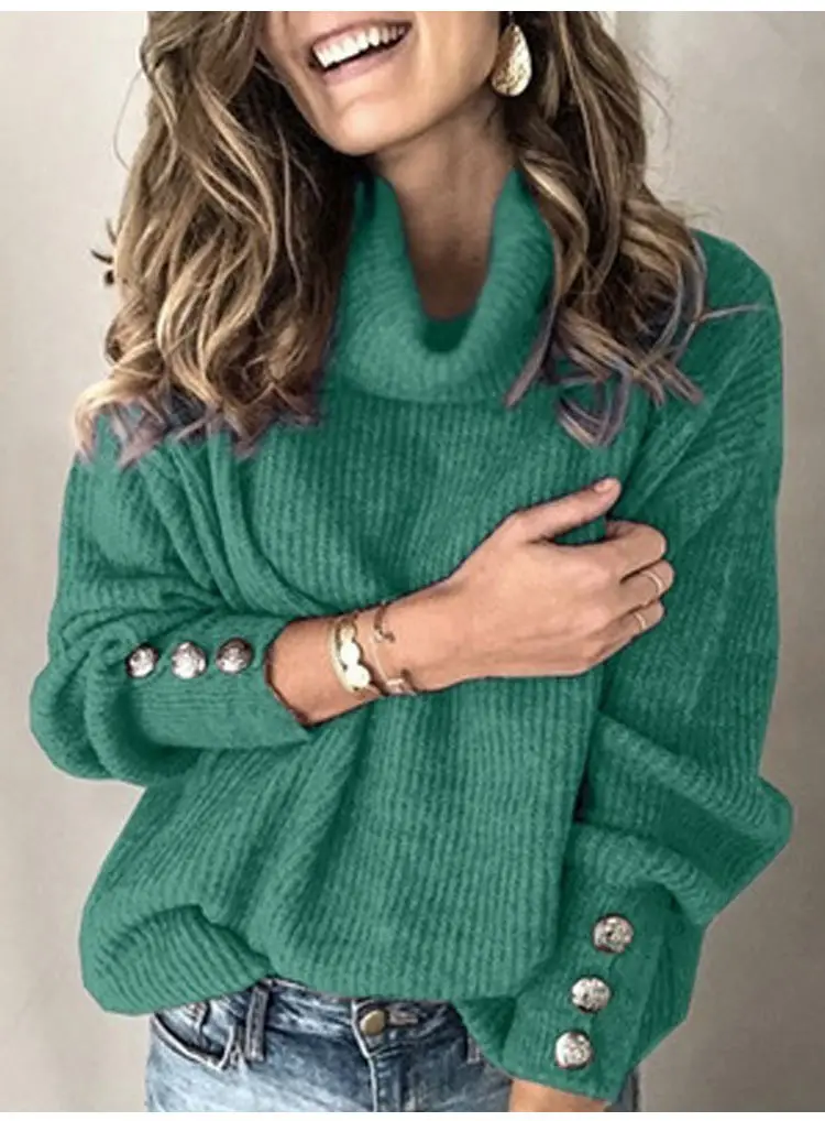 Women's Black High Collar Knit Sweater Jacket with Button Details — feature 26