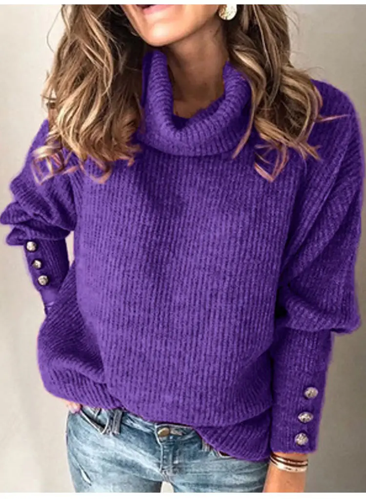 Women's Black High Collar Knit Sweater Jacket with Button Details — feature 28