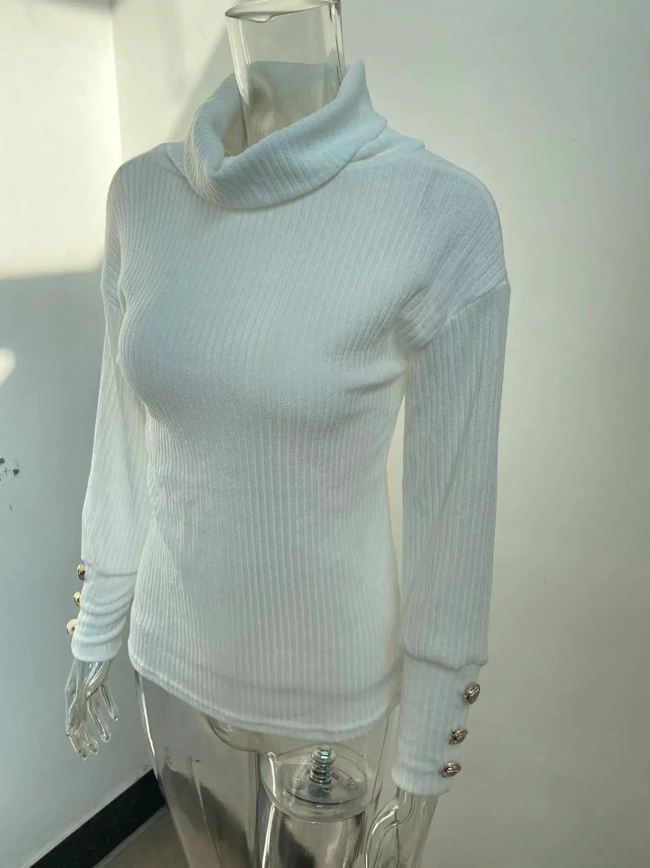 Women's Black High Collar Knit Sweater Jacket with Button Details — feature 7