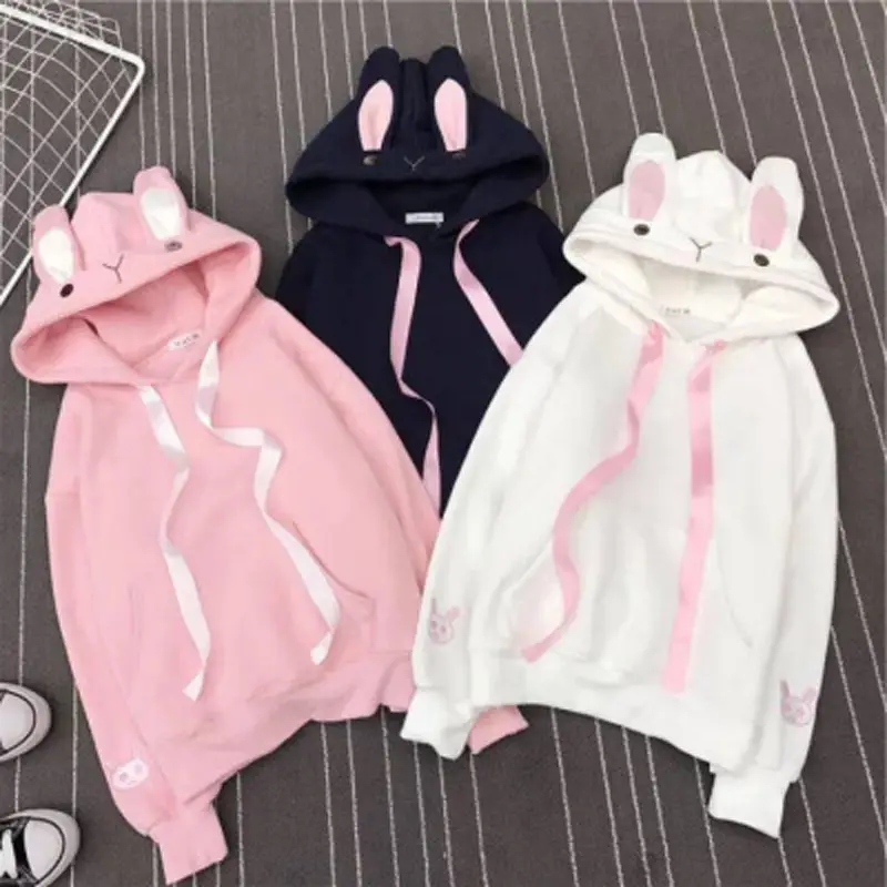 2024 Japanese Style Hooded Sweatshirt with Rabbit Ears Embroidery Pink & Black - Image 2