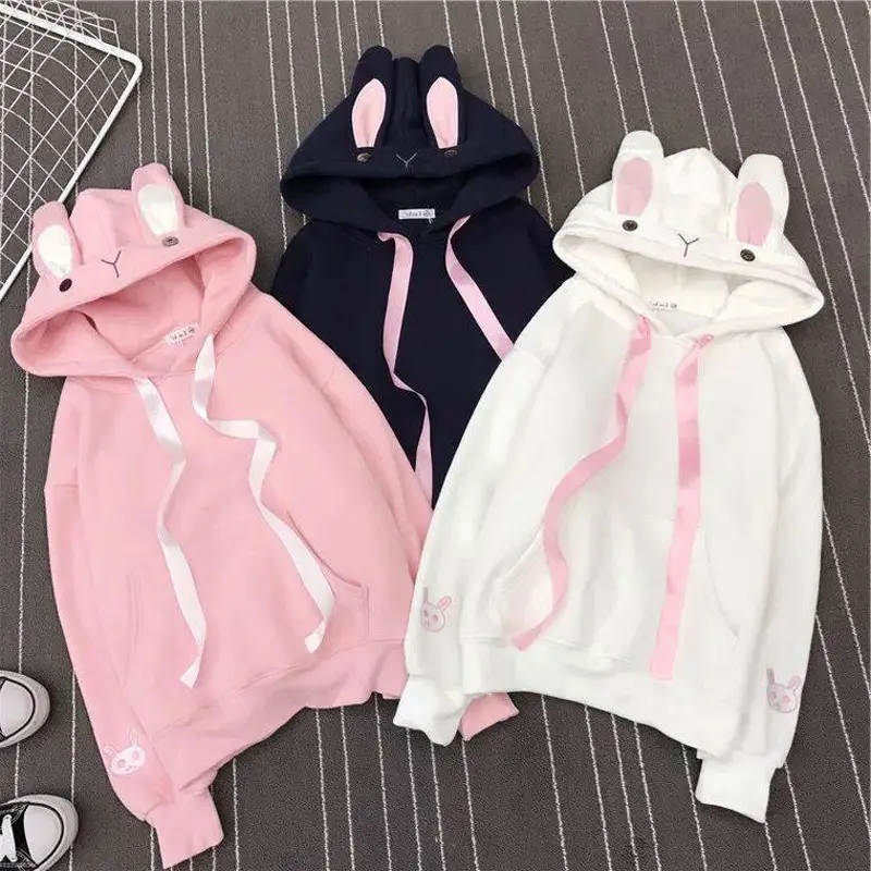 2024 Japanese Style Hooded Sweatshirt with Rabbit Ears Embroidery Pink & Black - Image 5