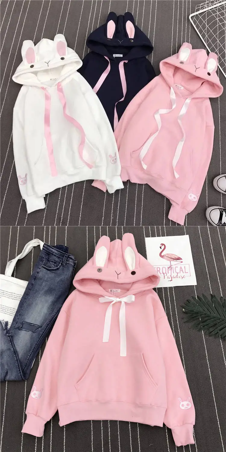 2024 Japanese Style Hooded Sweatshirt with Rabbit Ears Embroidery Pink & Black — feature 12
