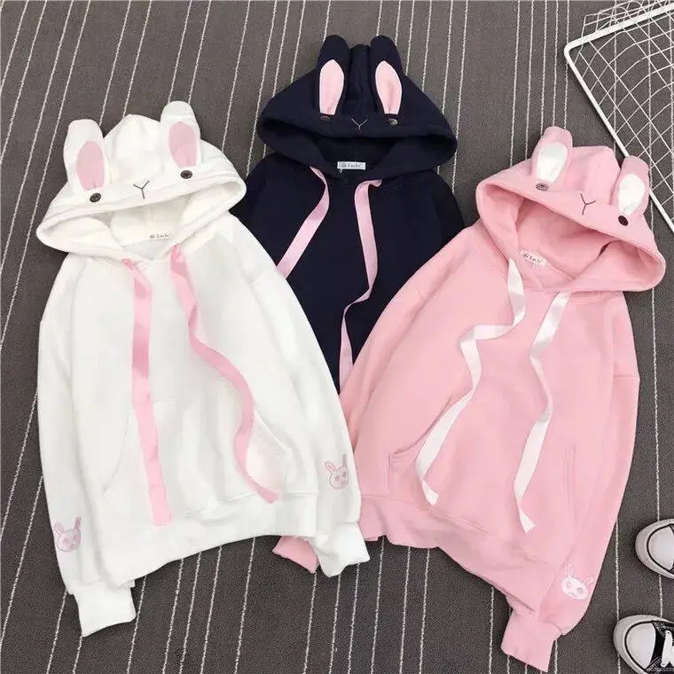 2024 Japanese Style Hooded Sweatshirt with Rabbit Ears Embroidery Pink & Black — feature 15