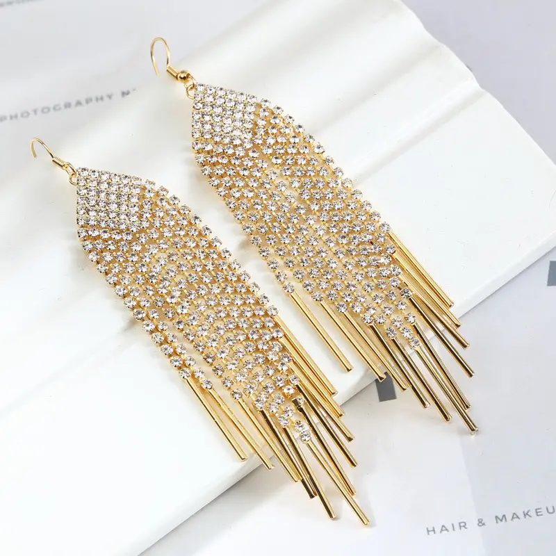 Full Diamond Geometric Long Tassel Earrings for Women
