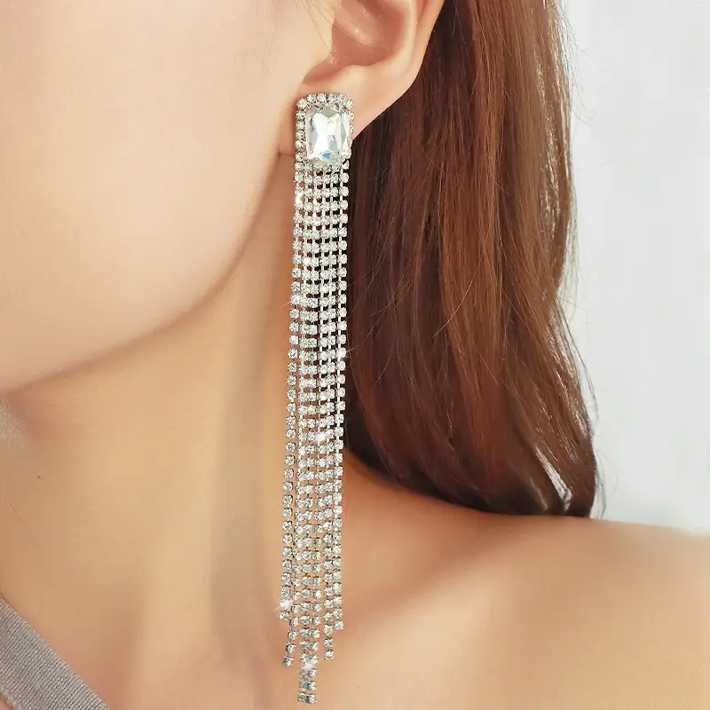Full Diamond Geometric Long Tassel Earrings for Women