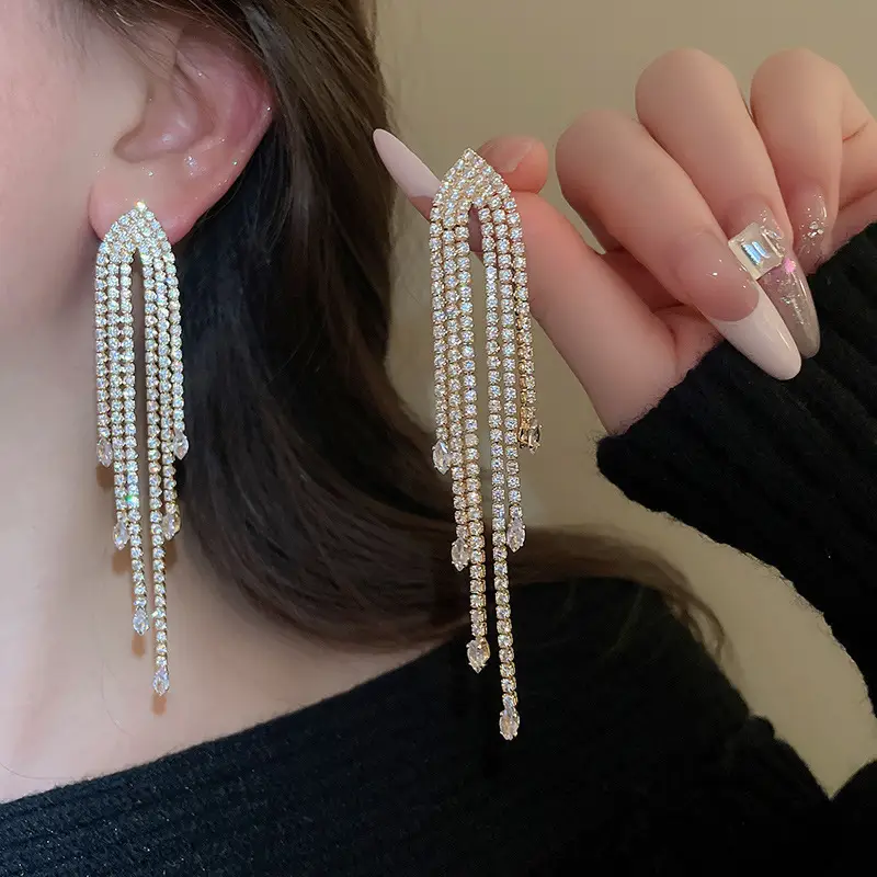 Full Diamond Geometric Long Tassel Earrings for Women