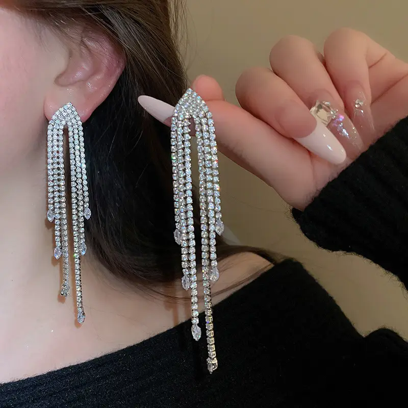 Full Diamond Geometric Long Tassel Earrings for Women