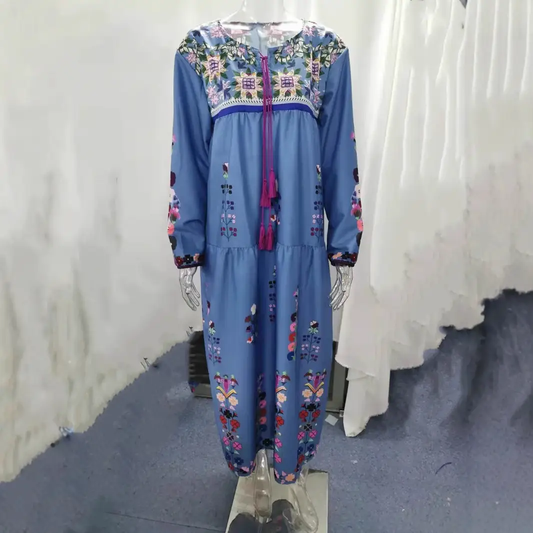Bohemian Long Dress Blue Floral Patchwork Drawstring Tie - Image 2
