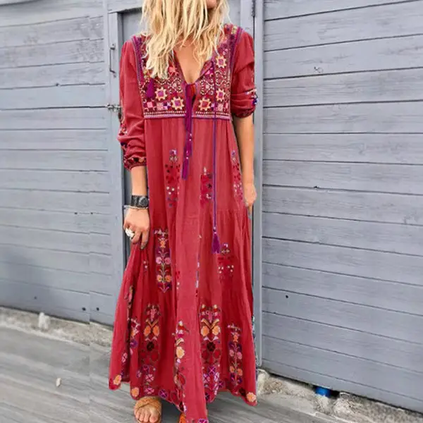 Bohemian Long Dress Blue Floral Patchwork Drawstring Tie - Image 3