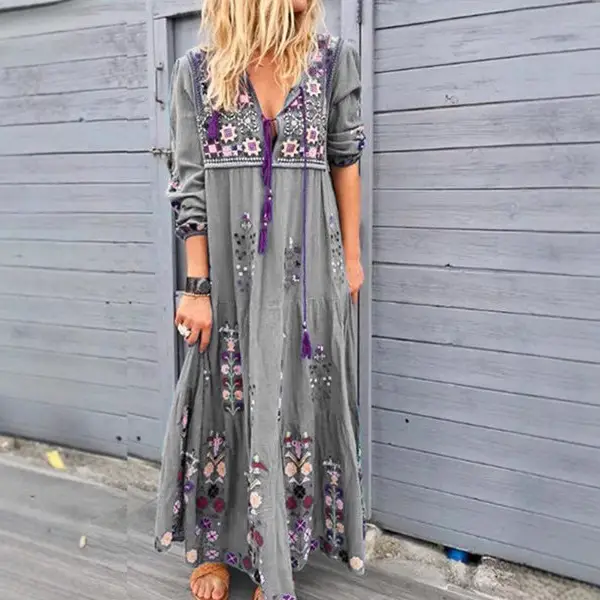 Bohemian Long Dress Blue Floral Patchwork Drawstring Tie - Image 4
