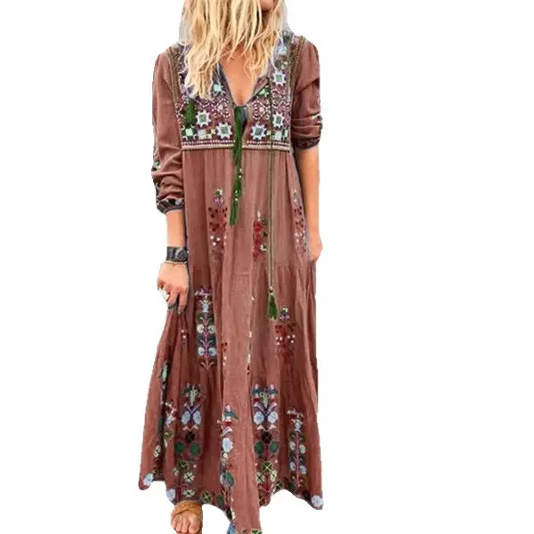 Bohemian Long Dress Blue Floral Patchwork Drawstring Tie - Image 5