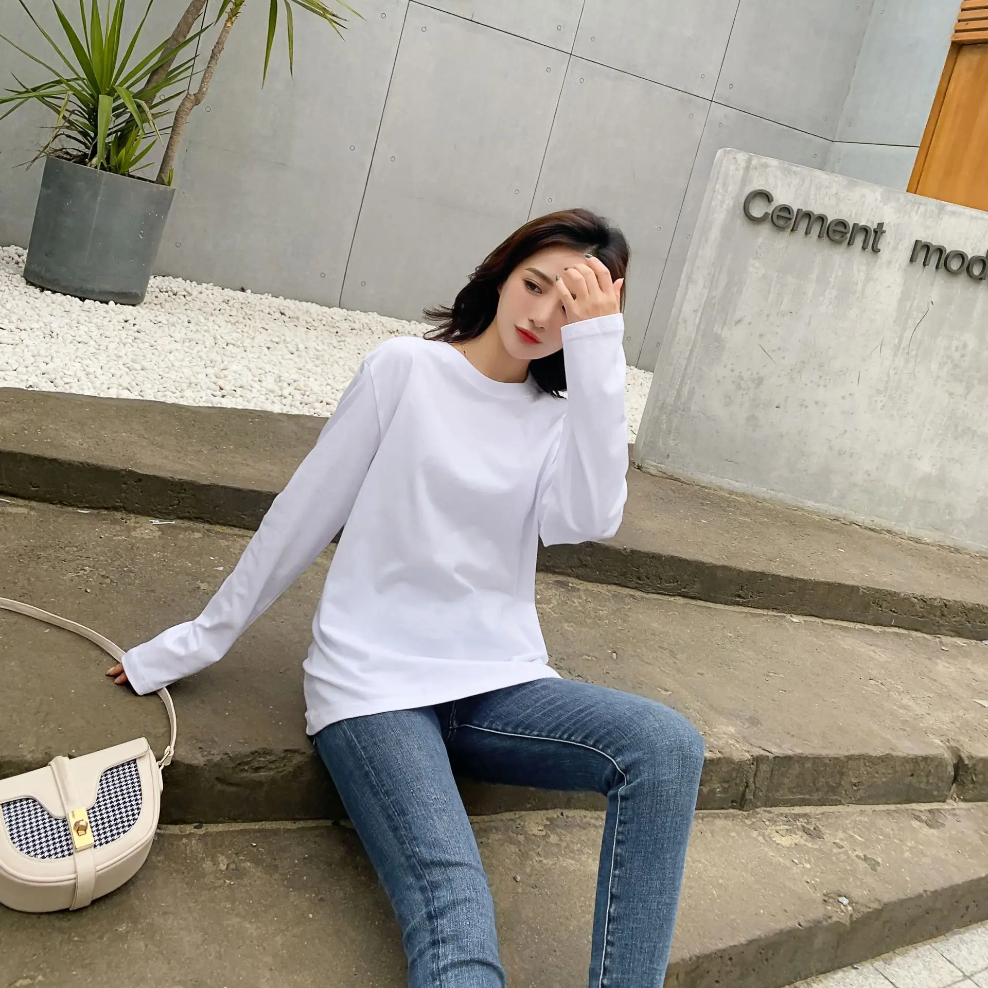 Women Long Sleeve Cotton T-Shirt Orange Round Neck - Image 10