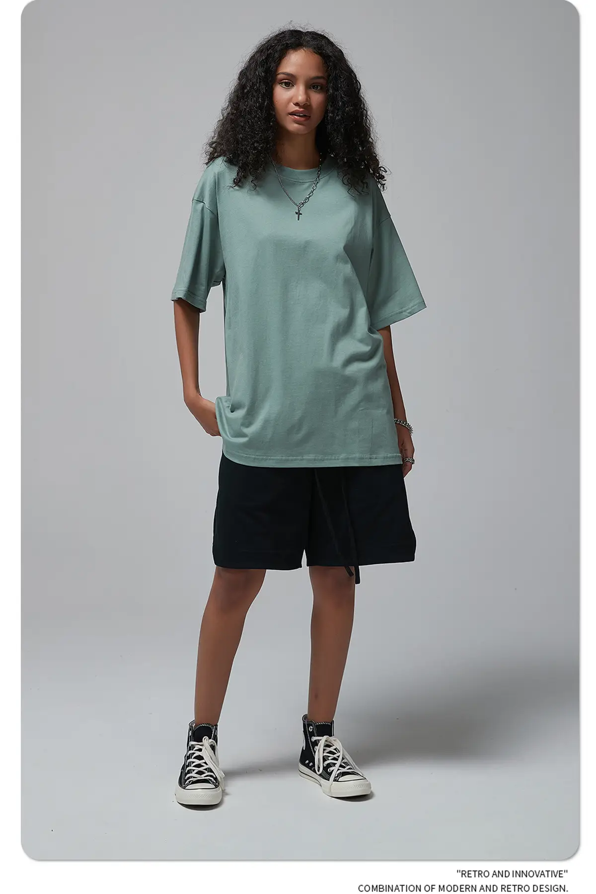 190g Cotton Loose Oversize Men T-Shirt Green — feature 47