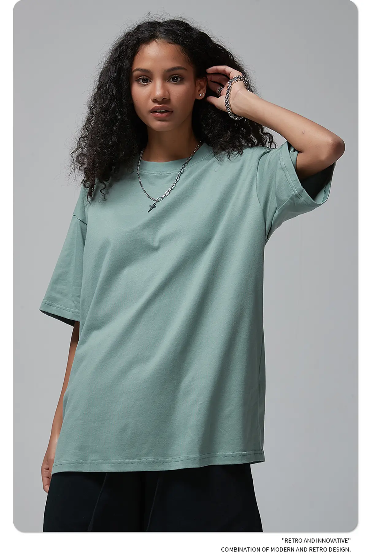 190g Cotton Loose Oversize Men T-Shirt Green — feature 48