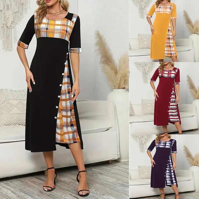 New Cross-Border Women's Dress Round Neck Plaid Sleeve Long Dress - Image 5