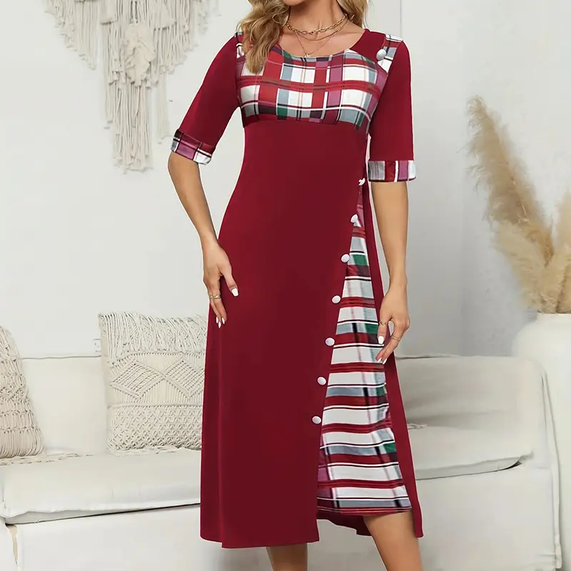 New Cross-Border Women's Dress Round Neck Plaid Sleeve Long Dress - Image 8