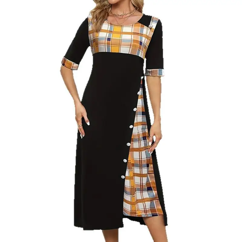 New Cross-Border Women's Dress Round Neck Plaid Sleeve Long Dress - Image 9