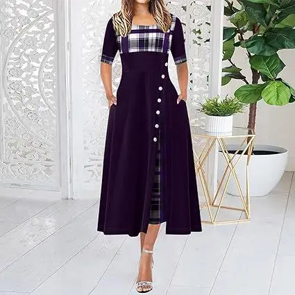 New Cross-Border Women's Dress Round Neck Plaid Sleeve Long Dress - Image 3
