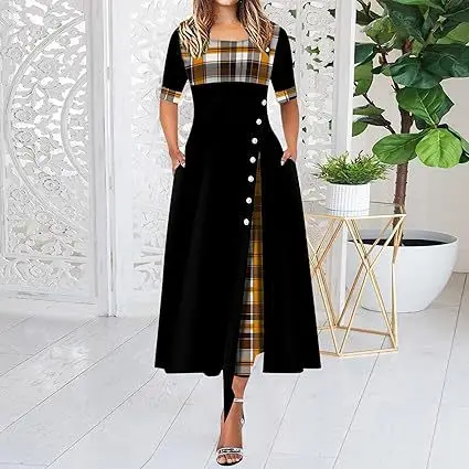 New Cross-Border Women's Dress Round Neck Plaid Sleeve Long Dress - Image 4