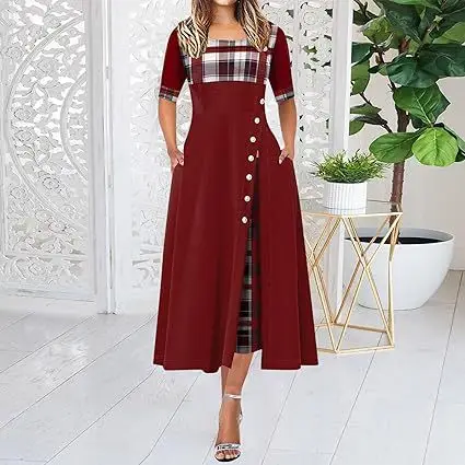 New Cross-Border Women's Dress Round Neck Plaid Sleeve Long Dress - Image 2