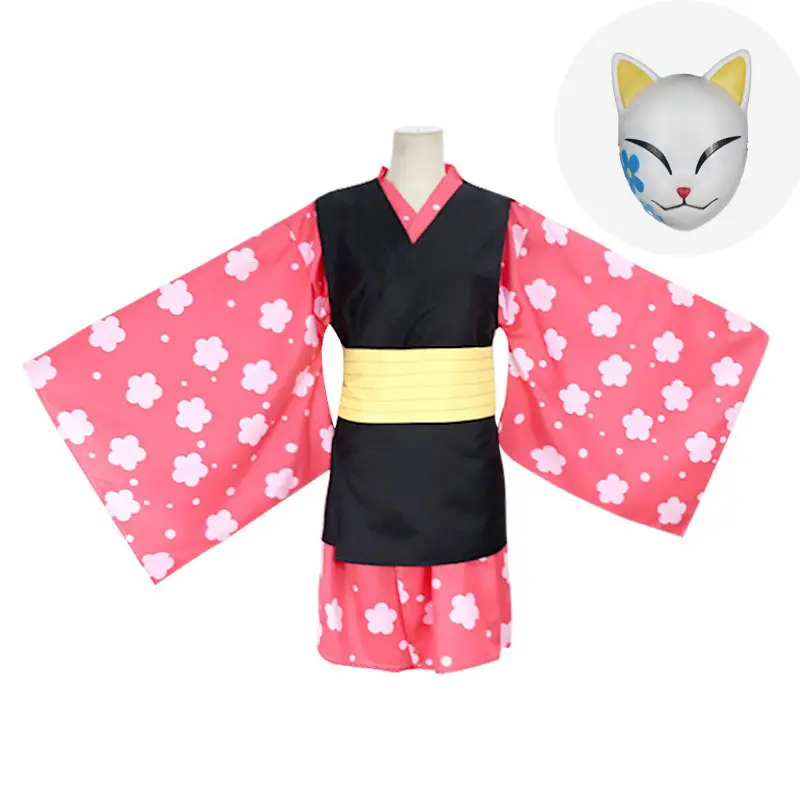 Children's Ghost Kill Team Cosplay Kimono Set Pink Black Yellow Bow - Image 3