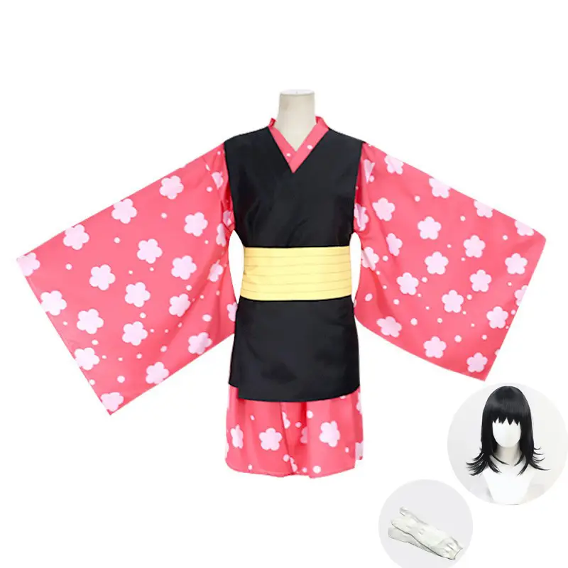 Children's Ghost Kill Team Cosplay Kimono Set Pink Black Yellow Bow - Image 4