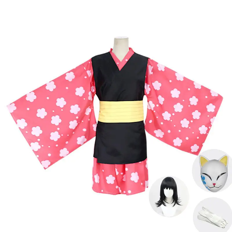 Children's Ghost Kill Team Cosplay Kimono Set Pink Black Yellow Bow - Image 5