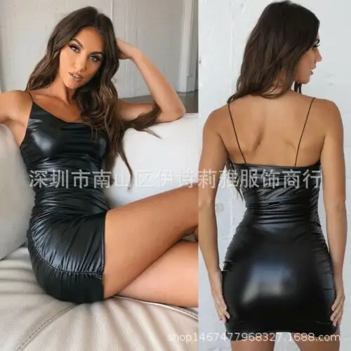 Black Leather Slant Shoulder Strap Dress for Women