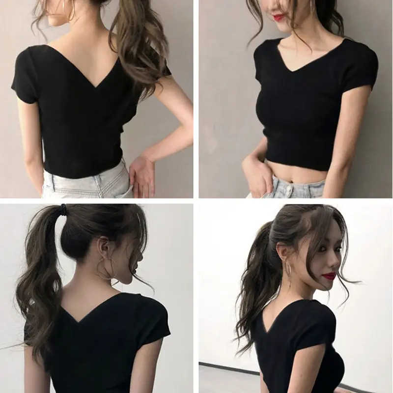Women V-Neck Short Sleeve White T-Shirt Summer Wear