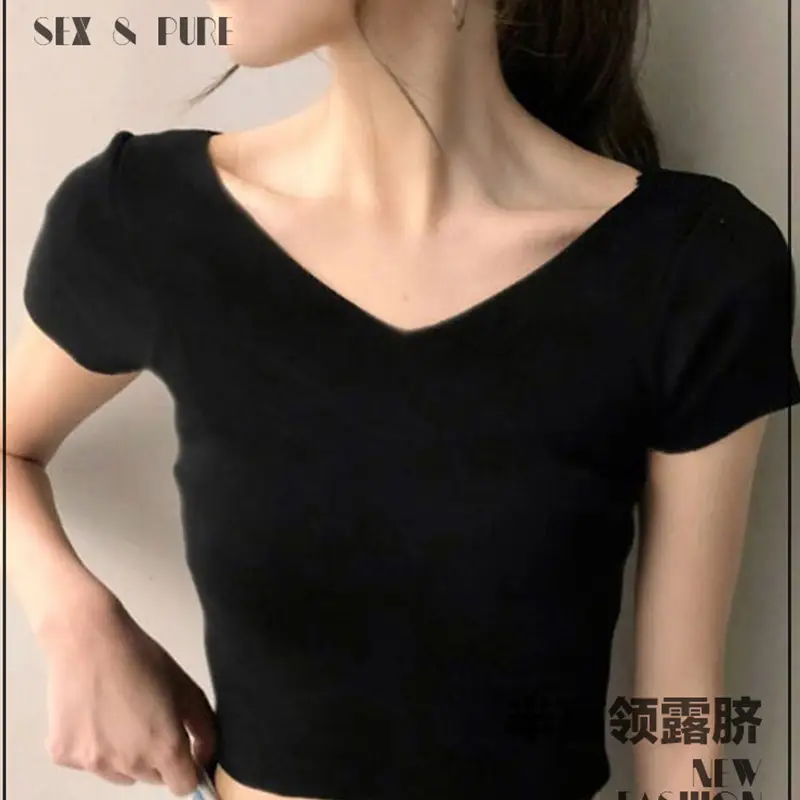 Women V-Neck Short Sleeve White T-Shirt Summer Wear