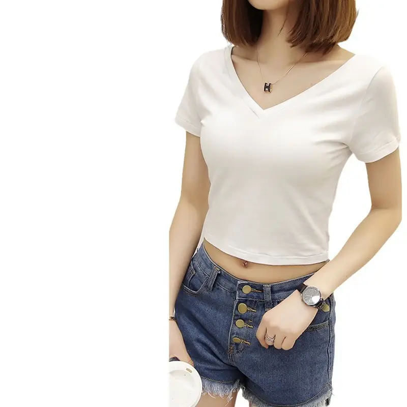 Women V-Neck Short Sleeve White T-Shirt Summer Wear