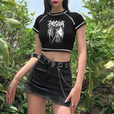 Women Printed T-Shirt Black Graphic Short Sleeve - Image 3