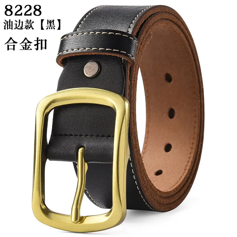 Men's Black Genuine Leather Belt with Gold Buckle