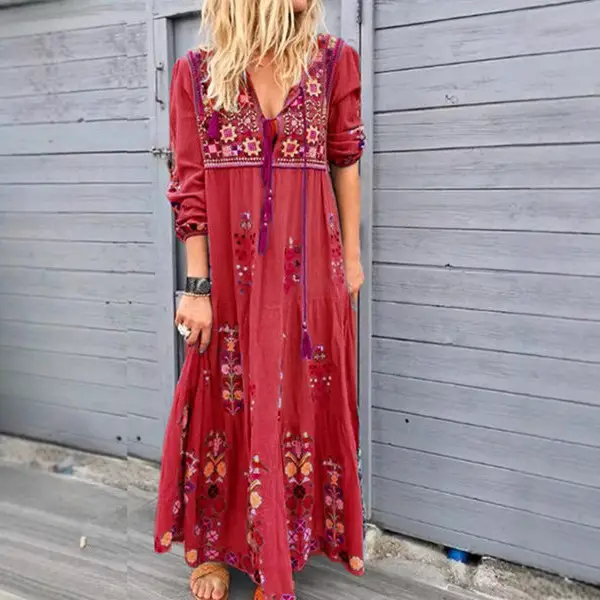 Blue Printed Long Sleeve Skirt Dress with Drawstring - Image 2