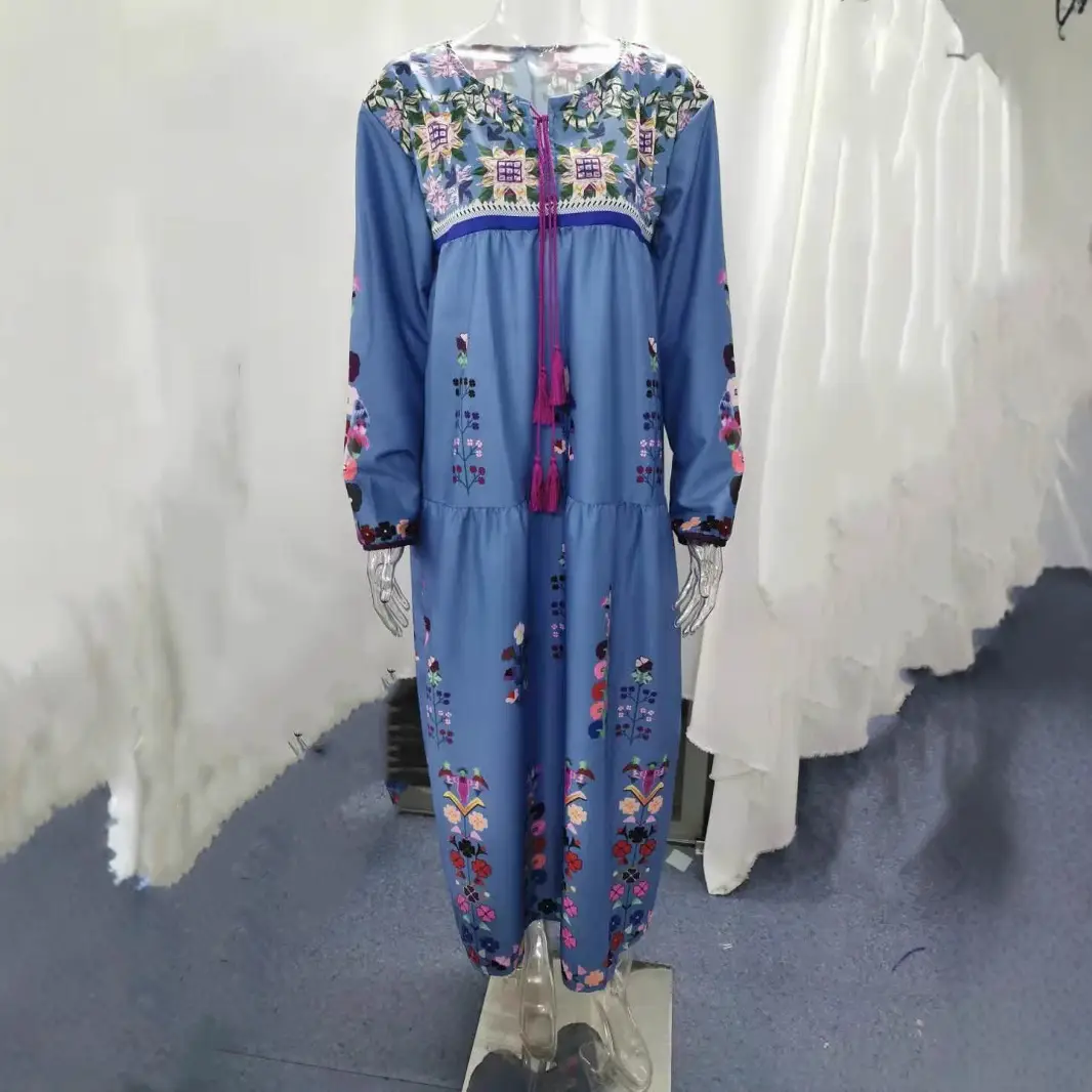 Blue Printed Long Sleeve Skirt Dress with Drawstring - Image 3